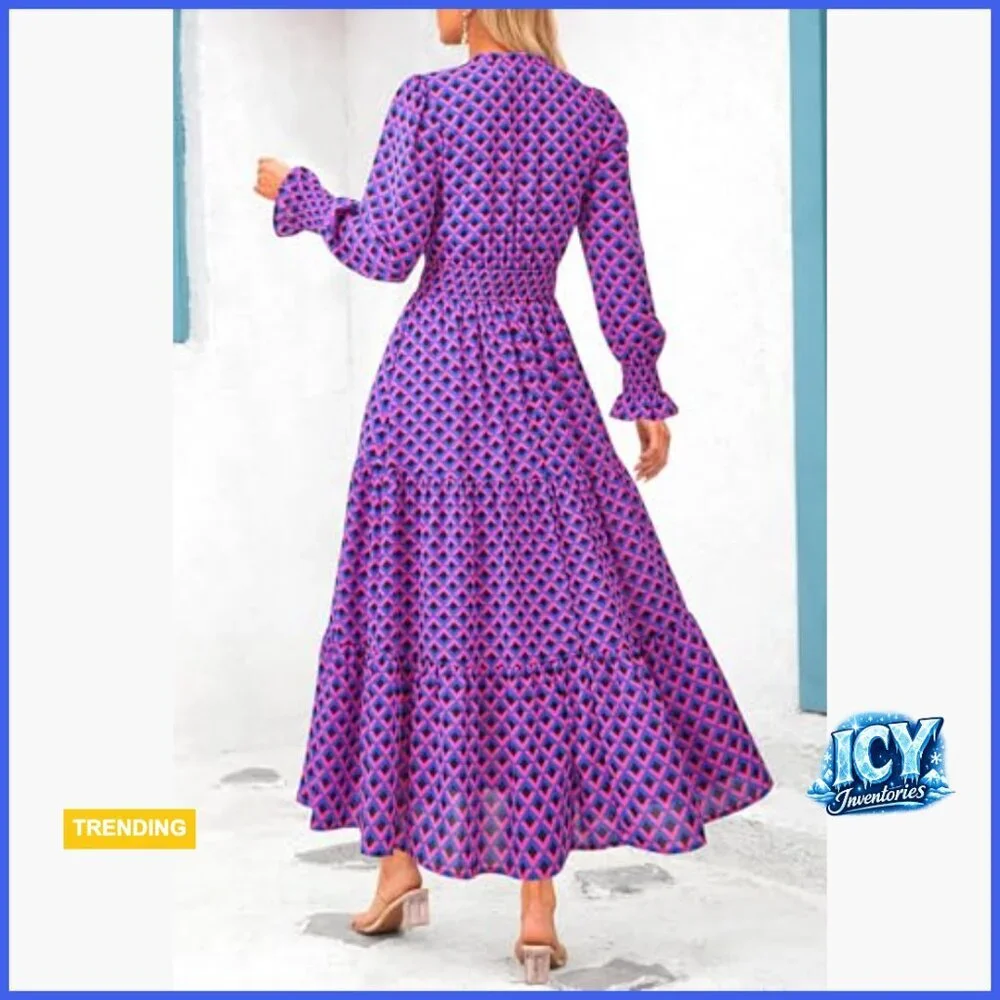 Long Sleeve Maxi Dress with Pockets, V Neck, Flowy Boho Style